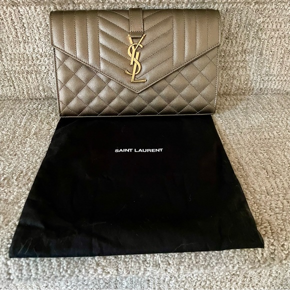Saint Laurent Envelope Triquilt YSL Wallet on Chain Metallic Taupe BRAND NEW - Picture 2 of 11